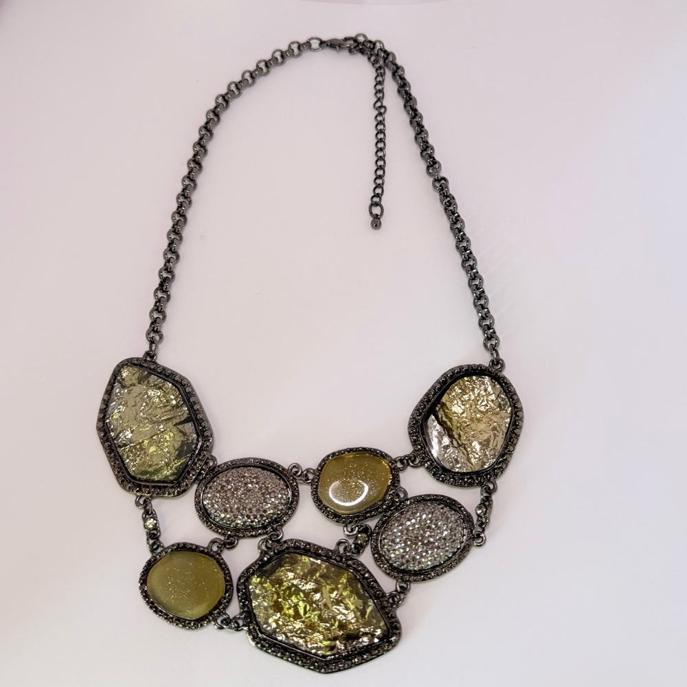 Chunky Iridescent Green Druzy Bib Statement Necklace Gunmetal 18"+3.5"